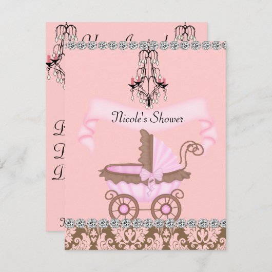 BÉBÉ DE FILLE Classique INVITATIONS Douche Damask (Devant / Derrière)