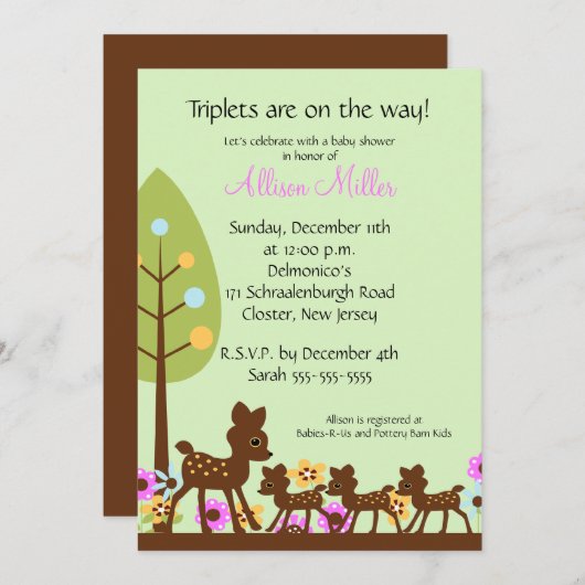 Bébé Deer TRIPLETS Baby shower Invitation (Devant / Derrière)