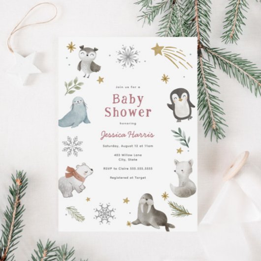 Bébé d'hiver Animaux bébé Fille Douche Invitation