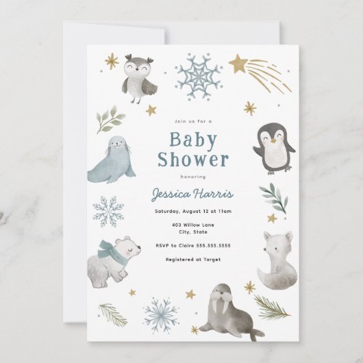 Bébé d'hiver Animaux bébé garçon douche Invitation (Devant)