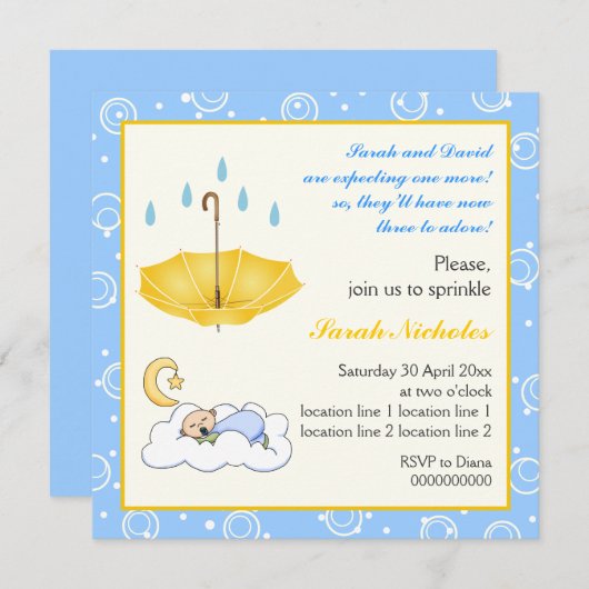Bébé dormant saupoudrer bleu jaune invitation (Devant / Derrière)