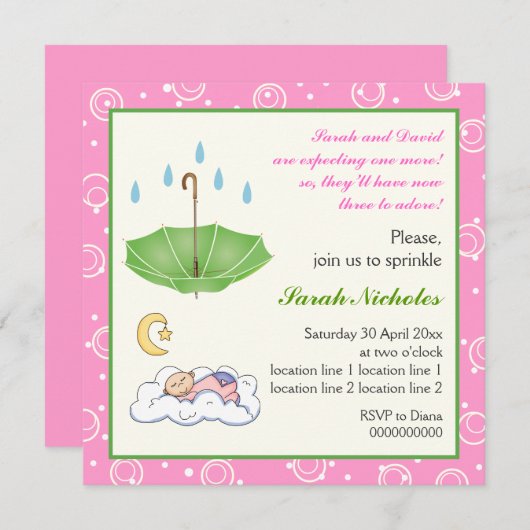 Bébé dormant saupoudrer vert rose invitation (Devant / Derrière)