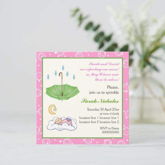 Bébé dormant saupoudrer vert rose invitation (Debout devant)