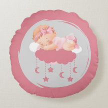 Bébé Dormir Fille sur les nuages Coussin rond rose