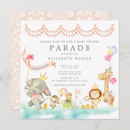 Bébé doux Animaux Parade Baby shower Invitation (Devant / Derrière)