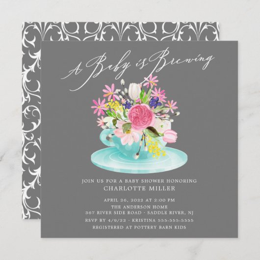 Bébé doux brasser Floral Baby Tea Invitation (Devant / Derrière)