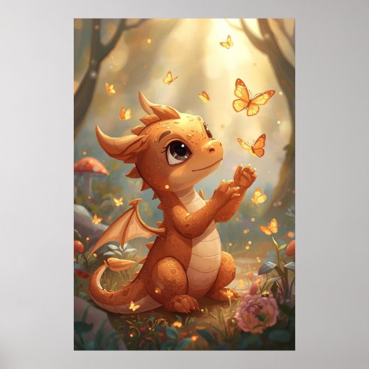 Bébé dragon mignon avec papillons décoration mural (Devant)