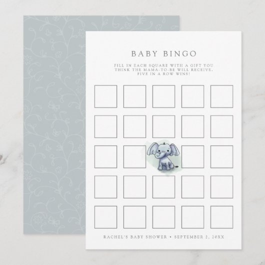 bébé éléphant assis baby shower de bingo carte de (Devant / Derrière)