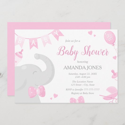 Bébé Eléphant Baby shower Fille Invitations (Devant / Derrière)
