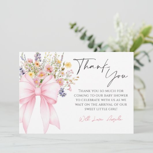 Bébé en Fleur Baby shower rose Bow Carte de remerc (Debout devant)