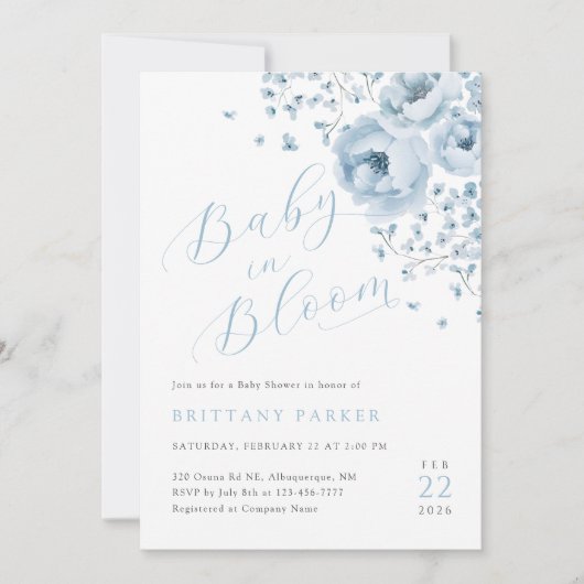 Bébé en Fleur bleu Baby shower Floral Invitation (Devant)