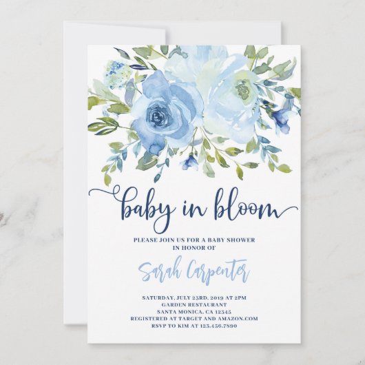 Bébé en Fleur bleu fleuri invitation garçon (Devant)