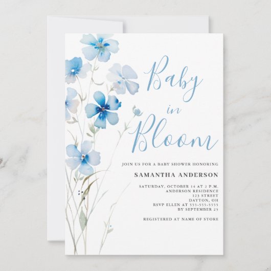 Bébé En Fleur Bleu Floral Boy Douche Invitation (Devant)