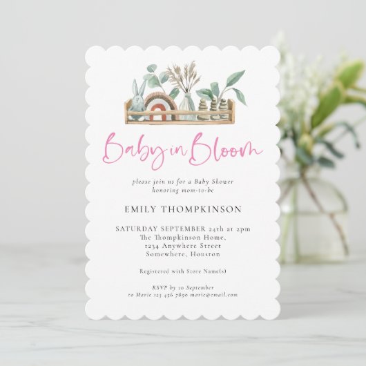 Bébé En Fleur Boho Rose Fille Douche Invitation (Debout devant)