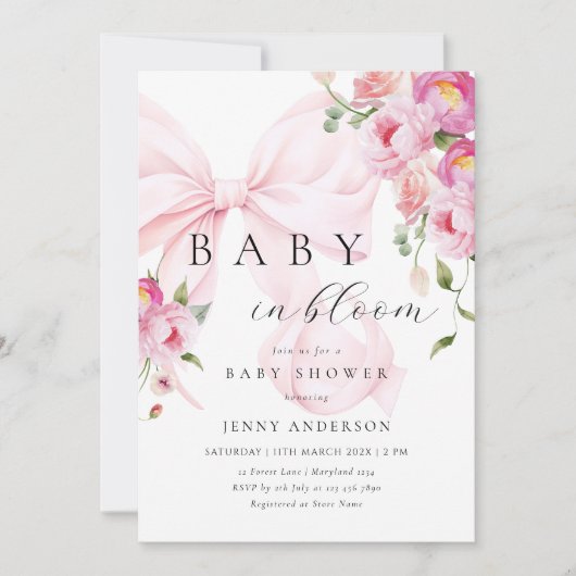 Bébé En Fleur Pink Bow Baby shower Invitation (Devant)