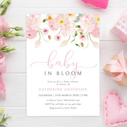 Bébé En Fleur Rose Baby shower Floral Invitation