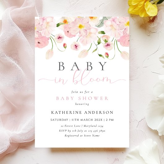 Bébé En Fleur Rose Baby shower Floral Invitation