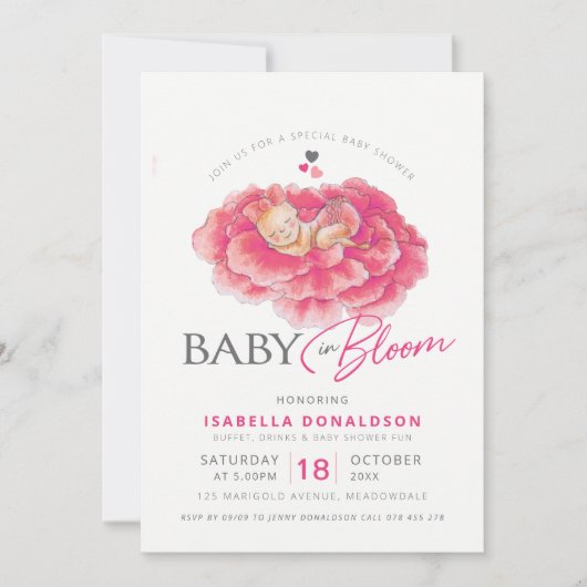 Bébé en fleur rose fleurie invitations douche bébé (Devant)