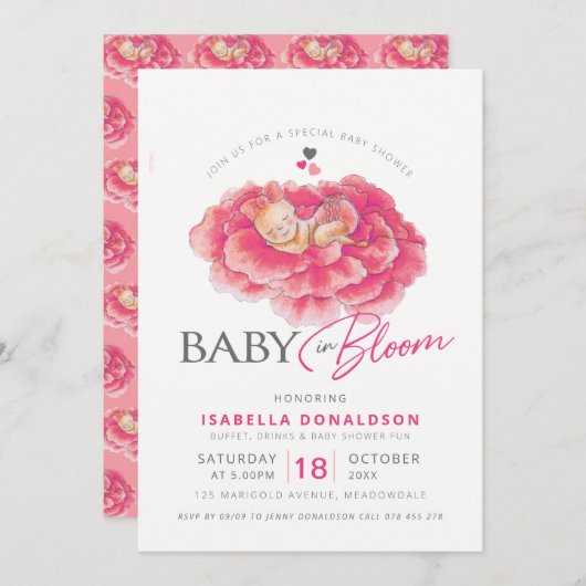 Bébé en fleur rose fleurie invitations douche bébé (Devant / Derrière)