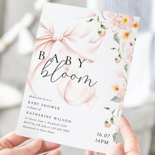 Bébé En Fleur Soft Rose Bow Baby shower Invitation