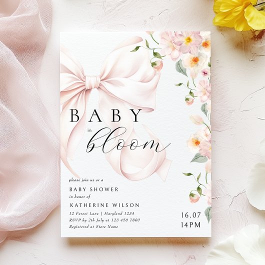 Bébé En Fleur Soft Rose Bow Baby shower Invitation