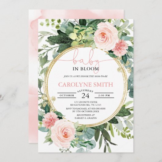 Bébé En Fleur Verdure Baby shower rose Invitation (Devant / Derrière)