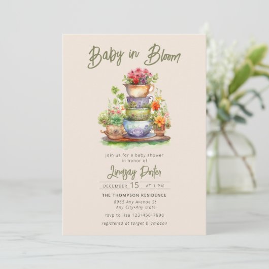 Bébé en fleurs | Invitation de baby shower aquarel (Debout devant)