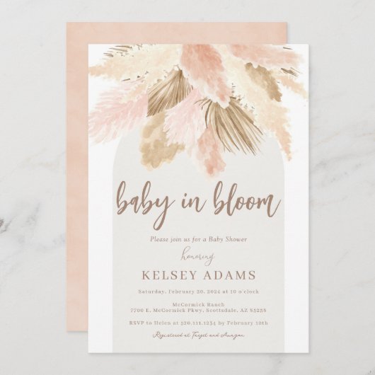 Bébé en fleurs pampas boho baby shower Invitation (Devant / Derrière)