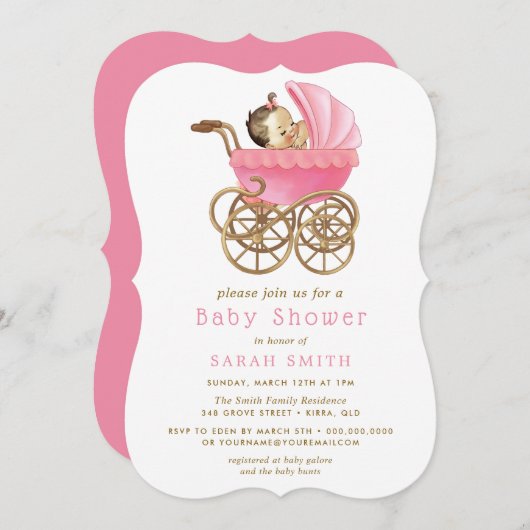 Bébé en Poussette rose Baby shower invitation (Devant / Derrière)