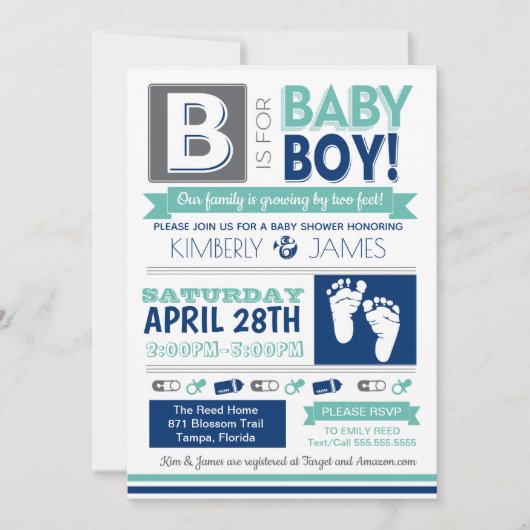 Bébé Feet Poster Style Boy Shower Invitation (Devant)