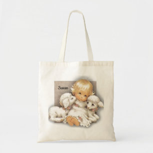 Bébé fille avec agneaux - nom Sac fourre-tout
