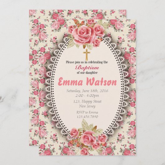 Bébé Fille Baptême Invitation (Devant / Derrière)