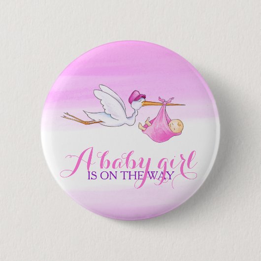 Bébé fille cigogne rose aquarelle bouton badge (Devant)