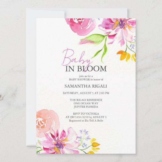 Bébé Fille Douche Invitations Aquarelle Floral (Devant)
