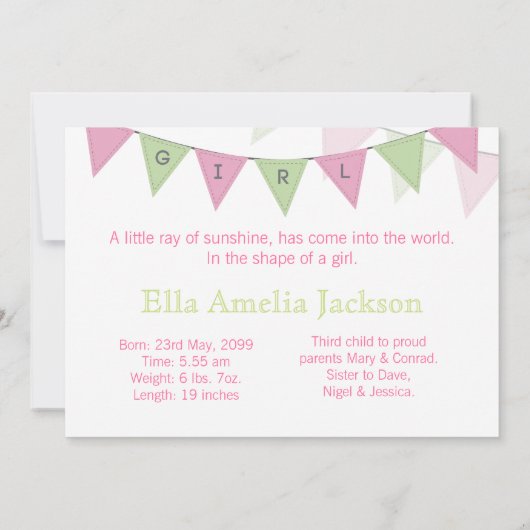 Bébé Fille drapeaux Bannière Faire-part photo de n (Dos)