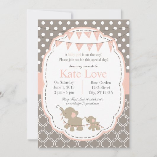Bébé fille Eléphant Douche Invitation - Rose (Devant)