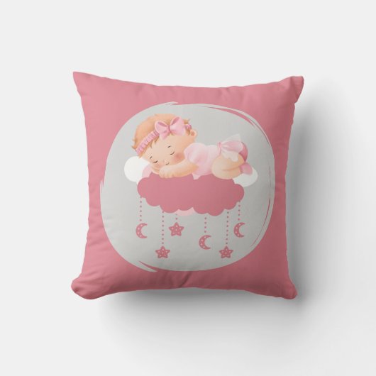Bébé fille endormie sur des nuages Oreiller rose (Recto)