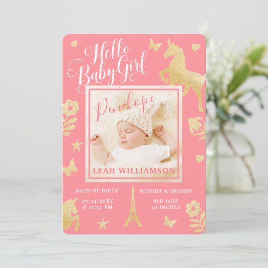 Bébé fille Faire-part de naissance | Unicorne magi (Debout devant)