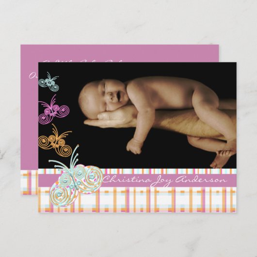 Bébé fille Faire-part - Papillons (Devant / Derrière)