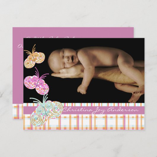 Bébé fille Faire-part - Papillons (Devant / Derrière)