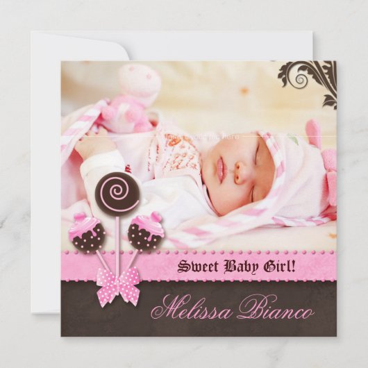 Bébé fille Invitation Faire-part gâteau Pops rose (Devant)