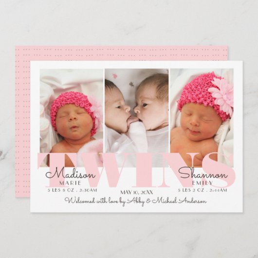 Bébé fille jumeaux joli en Faire-part de naissance (Devant / Derrière)