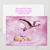 Bébé fille nuages roses et cigogne invitation douc (Devant / Derrière)