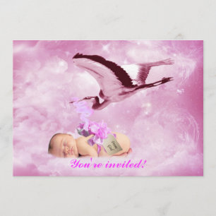 Bébé fille nuages roses et cigogne invitation douc