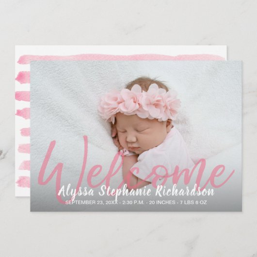 Bébé fille rose 1 Faire-part de naissance de bienv (Devant / Derrière)