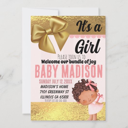 Bébé fille rose et or Babyshower Invitation (Devant)