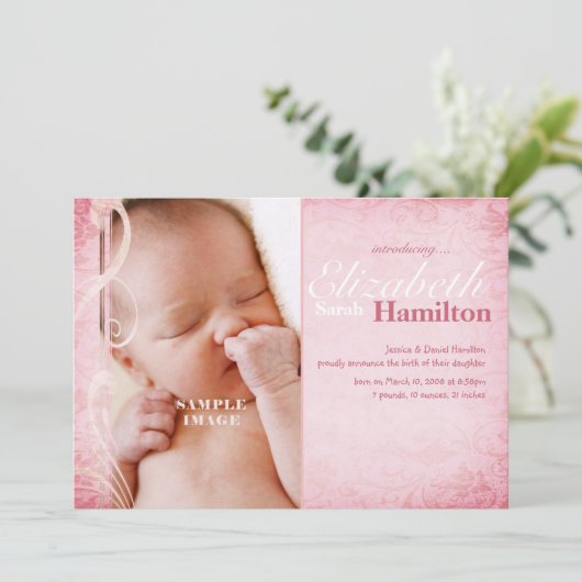 Bébé fille rose Faire-part de naissance (Debout devant)