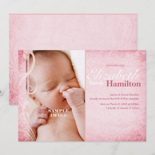 Bébé fille rose Faire-part de naissance (Devant / Derrière)