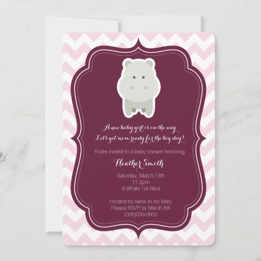 Bébé Fille rose Hippo Invitation (Devant)