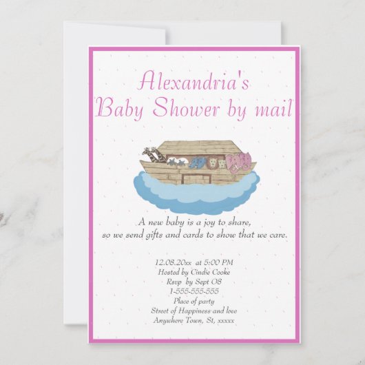 Bébé fille rose Noah's Ark Baby shower Invitation (Devant)